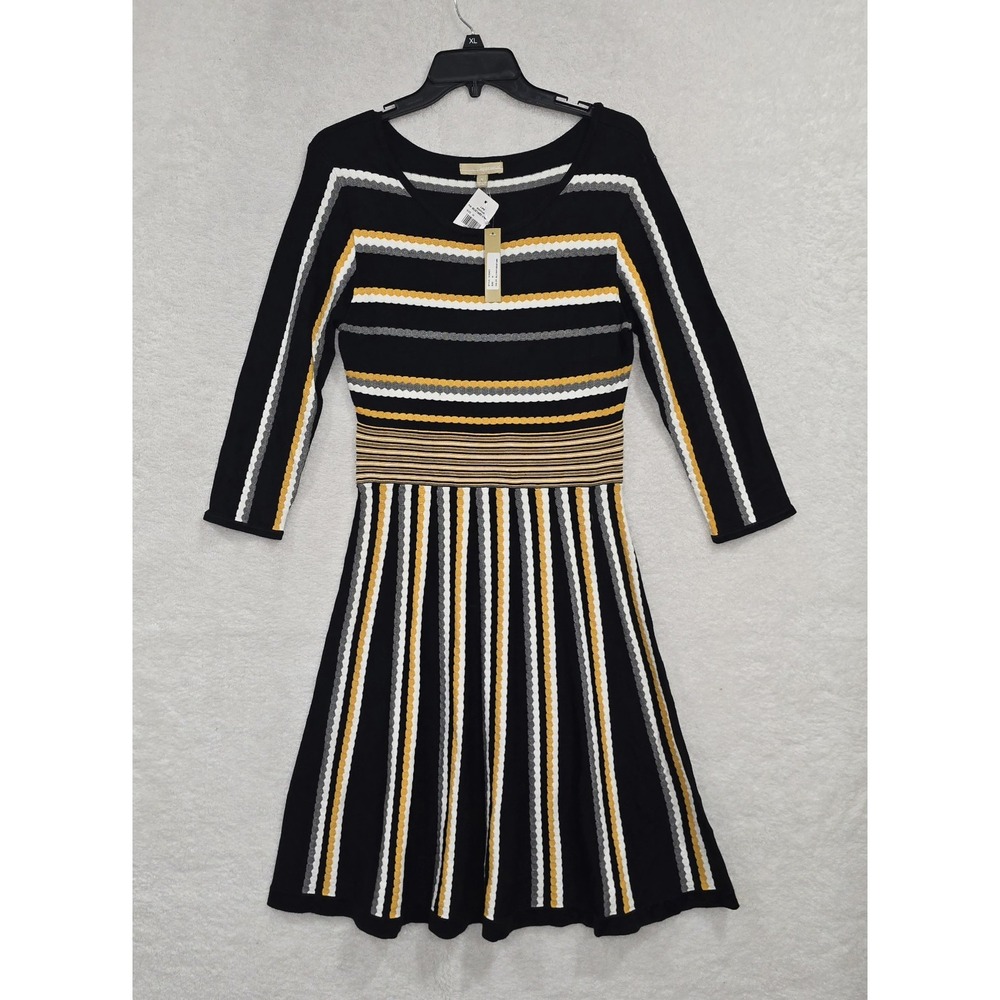Appraisal Women's Black Knit A-line Dress Multi-color Striped 3/4 Sleeve Size M